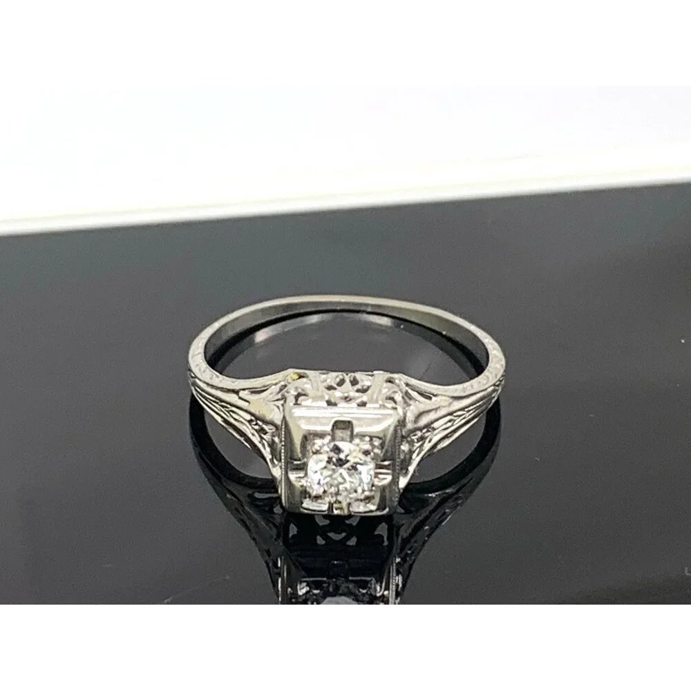18k White Gold Filigree Diamond Ring 0.25 Carat Antique Estate Jewelry Size 7